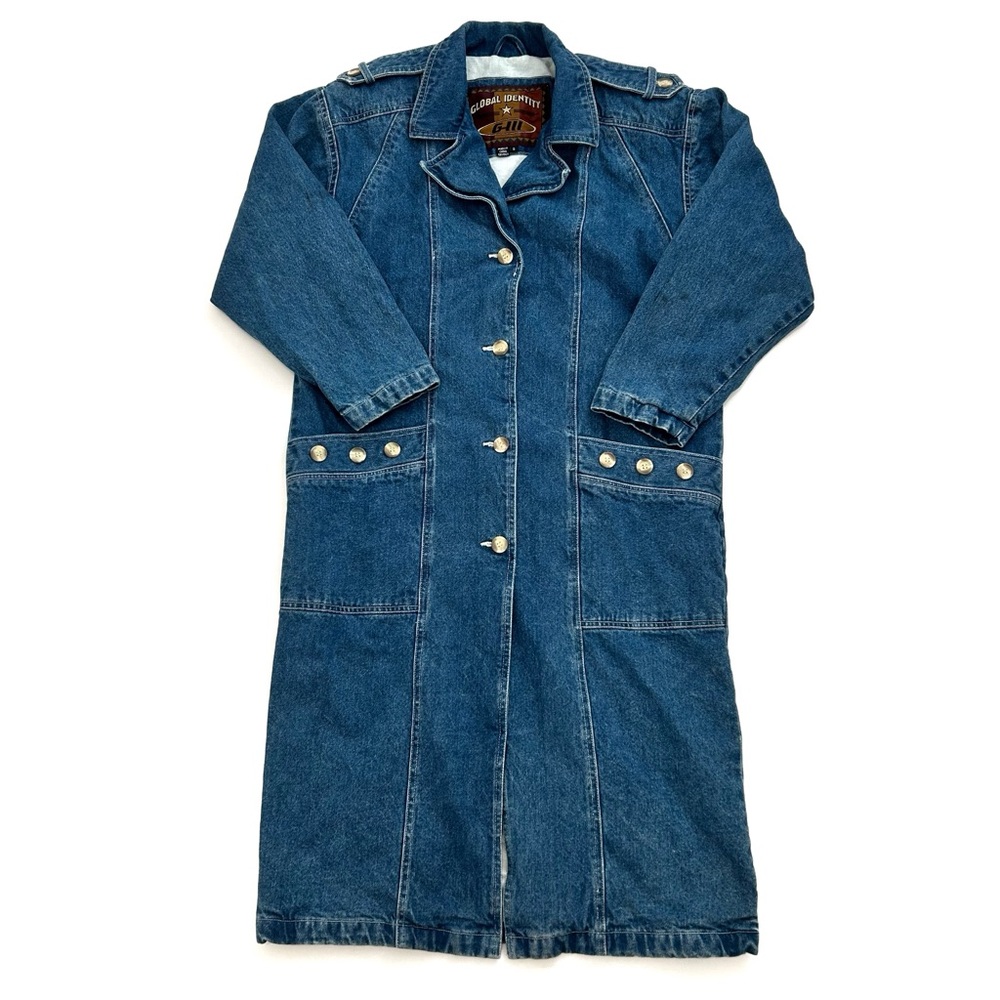 Vintage Global Identify Long Floor Denim Jean Jacket Trench Coat Womens Sz Small